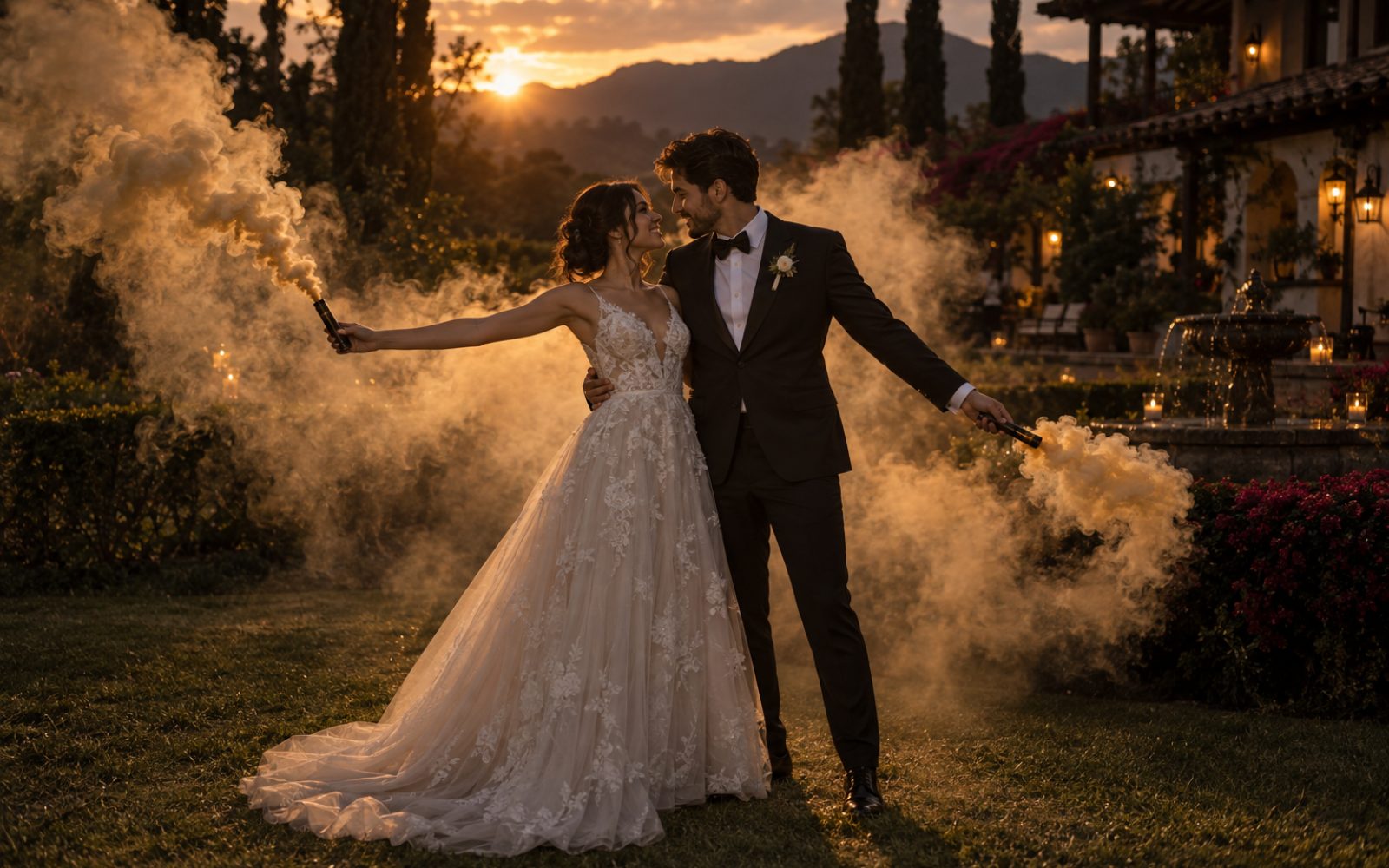 Pareja al atardecer entre humo de color champaña