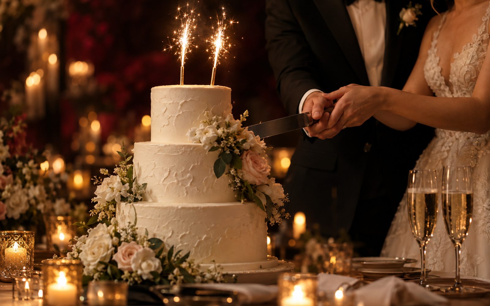 Pastel de bodas con velas de chispa encendidas