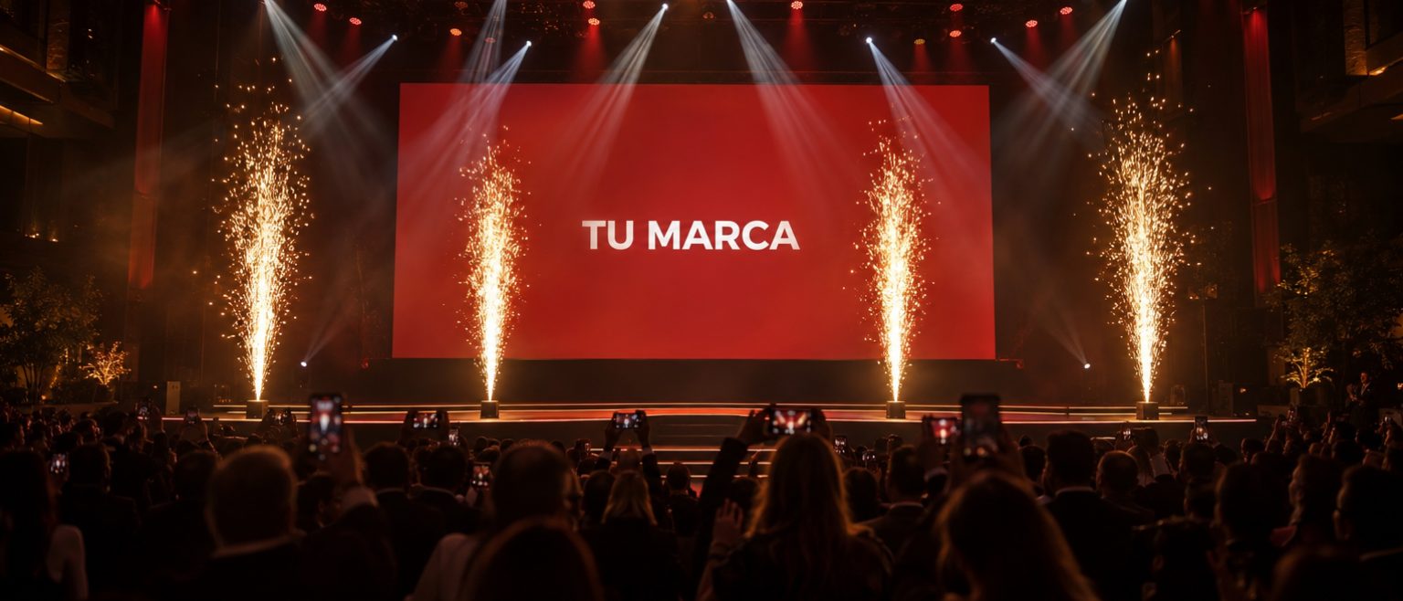 Tarima corporativa con pantalla de marca y cuatro fuentes de chispa fría frente al público
