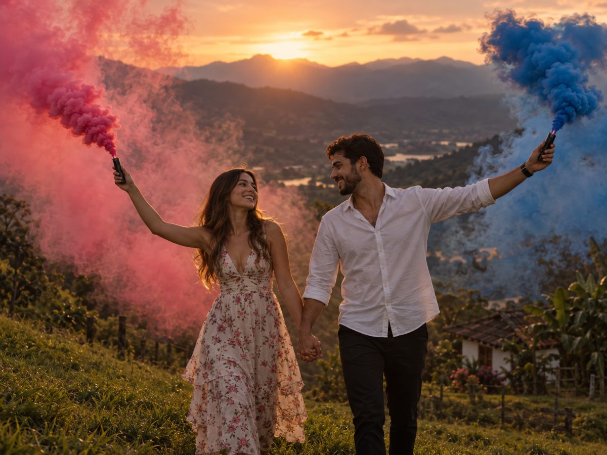 Pareja al atardecer entre humo rosa y azul