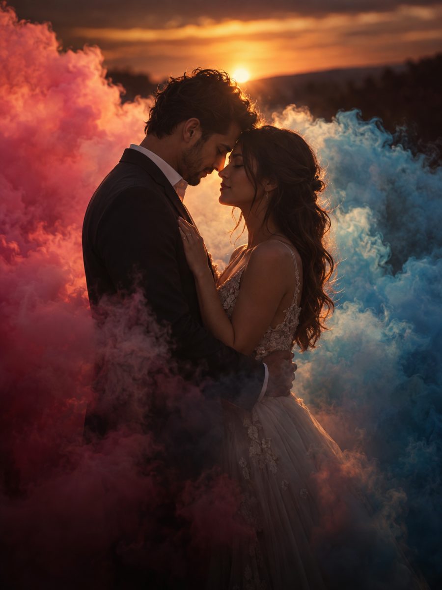 Pareja besándose entre humo rosa y azul