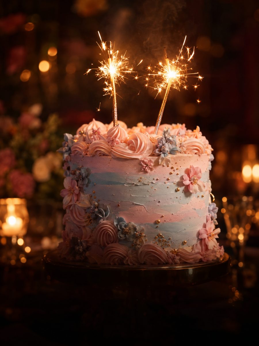 Pastel con velas de chispa encendidas