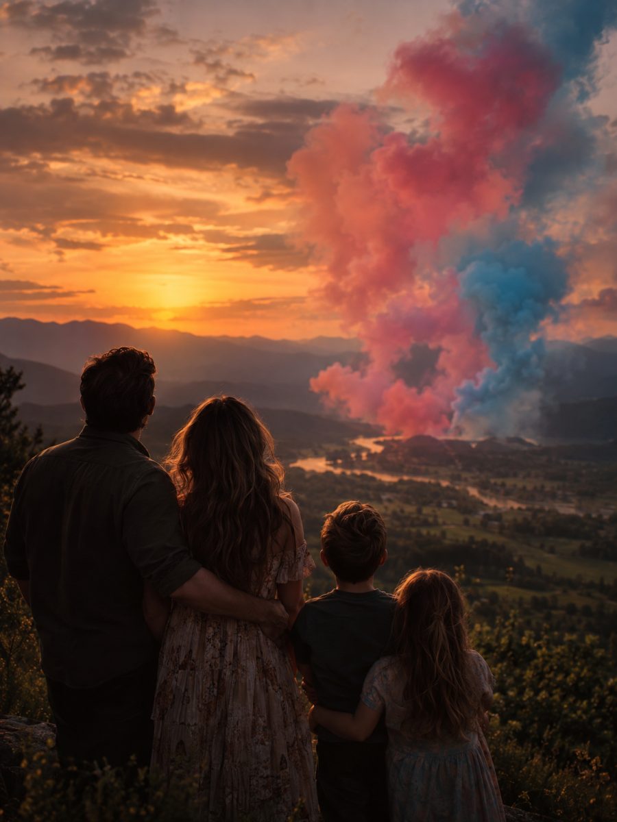 Familia mirando humo rosa y azul al atardecer