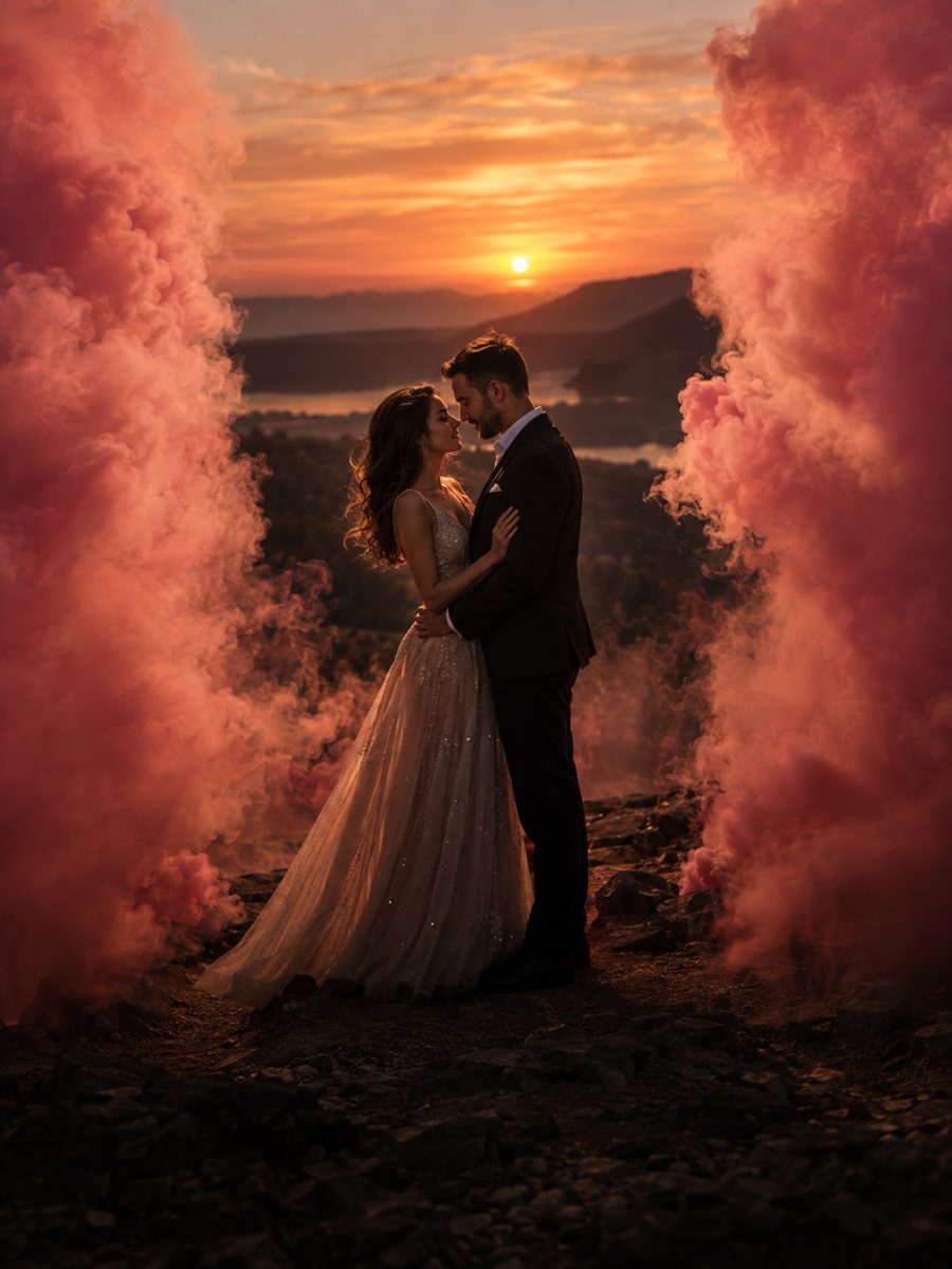 Pareja entre dos columnas de humo rosa