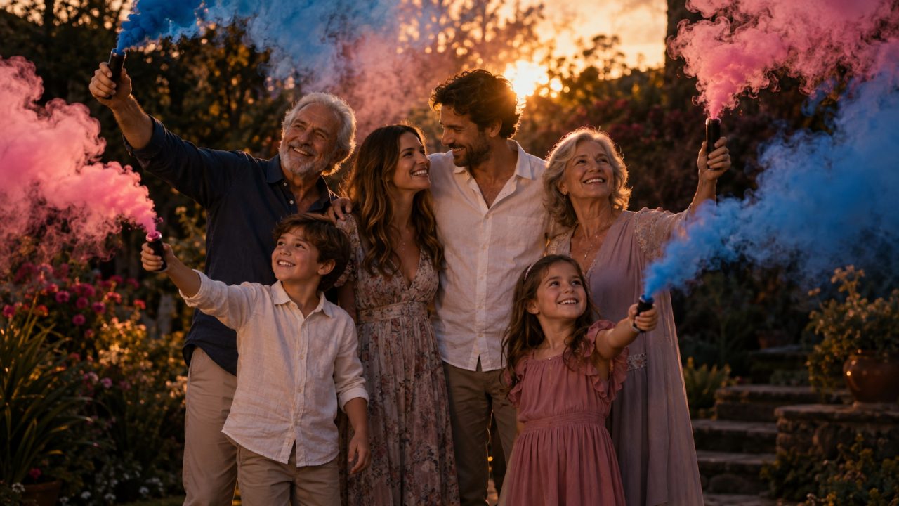 Familia frente a cuatro columnas de humo de colores