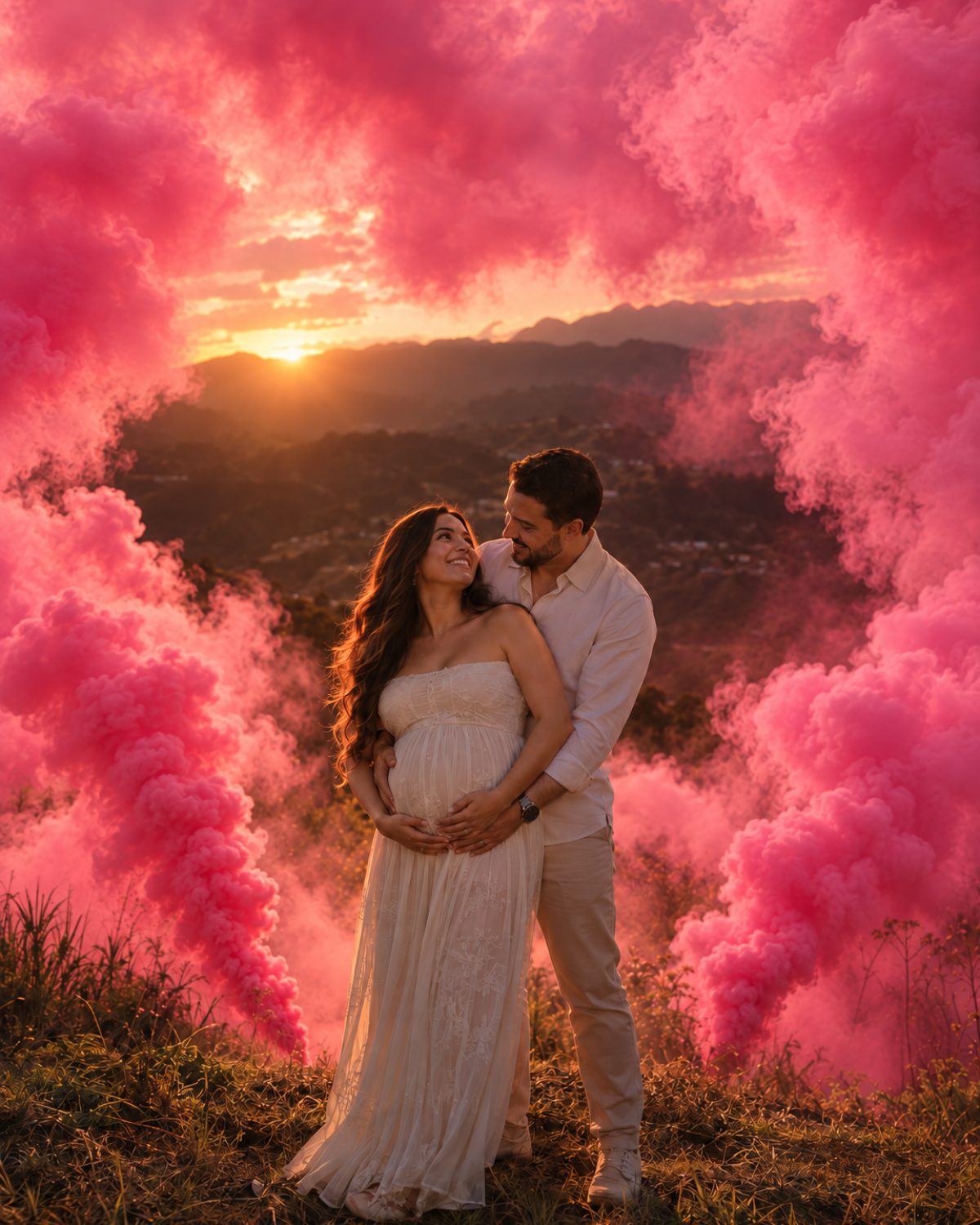 Pareja al atardecer envuelta en humo rosa