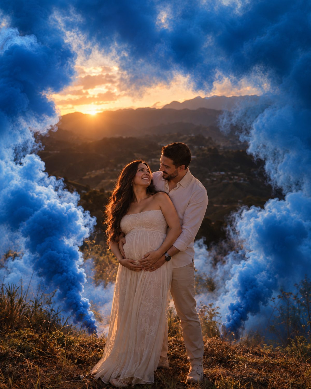 Pareja al atardecer envuelta en humo azul