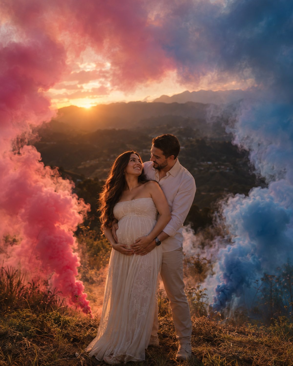 Pareja al atardecer entre humo rosa y azul